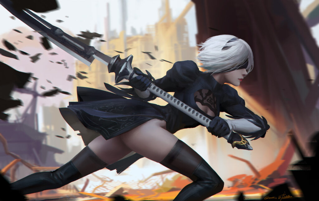 Waifus con Diseños de Combate más Sexys, YoRHa 2-gou B-gata "2B" (ヨルハ2号B型) - Nier: Automata, 2b, yorha no. 2 type b, short hair, white hair, hairband, mole, black hairband, mole under mouth, blindfold, covered eyes, black blindfold, medium breasts,