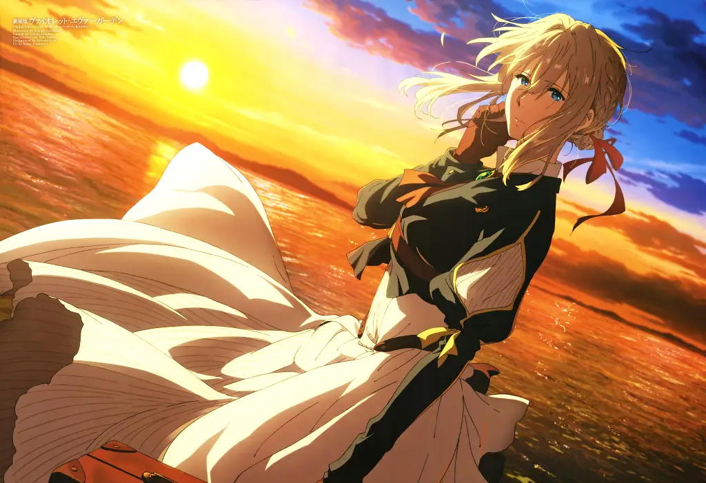 aave, braid, hair ribbon, red ribbon, jewelry, white ascot, brooch, blue jacket, long sleeves, brown gloves, white dress, long dress, ojos más cautivadores del anime