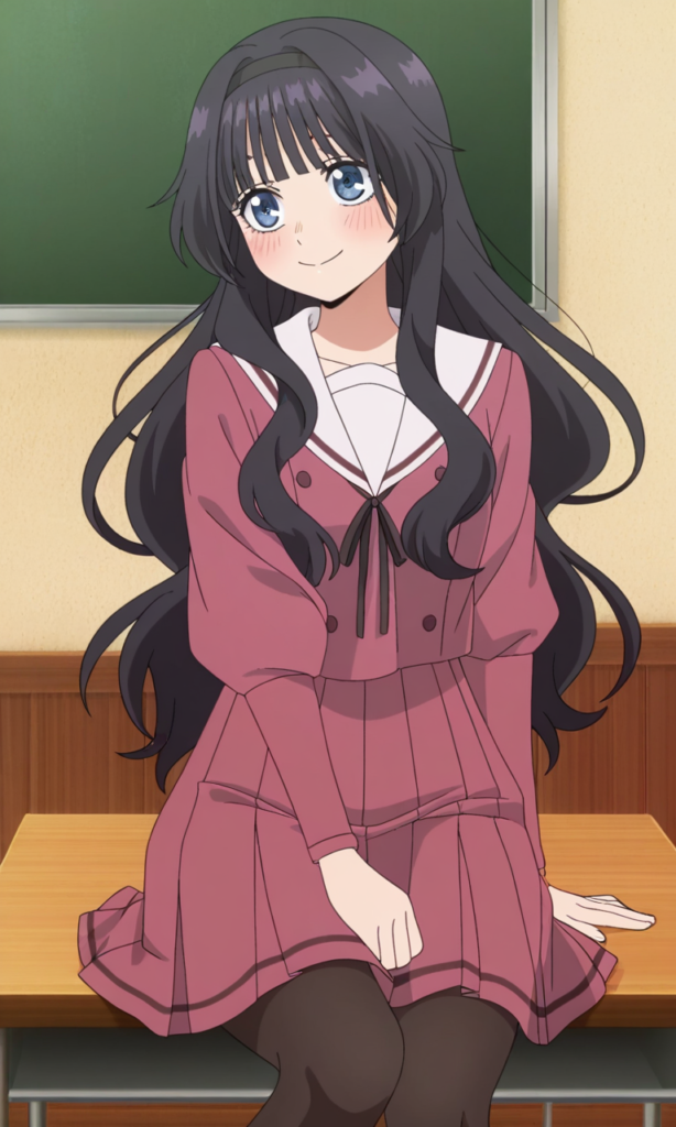 kaoruko_waguri, long black hair, straight bangs, big blue eyes, delicate face, japanese schoolgirl, pink sailor uniform with white collar and black ribbon, long pleated skirt, black tights, brown loafers, anime screencap