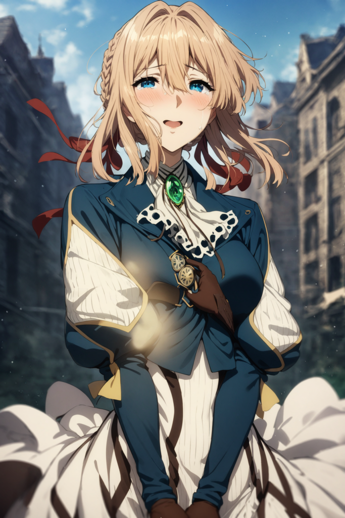 aave, braid, hair ribbon, red ribbon, jewelry, white ascot, brooch, blue jacket, long sleeves, brown gloves, white dress, long dress