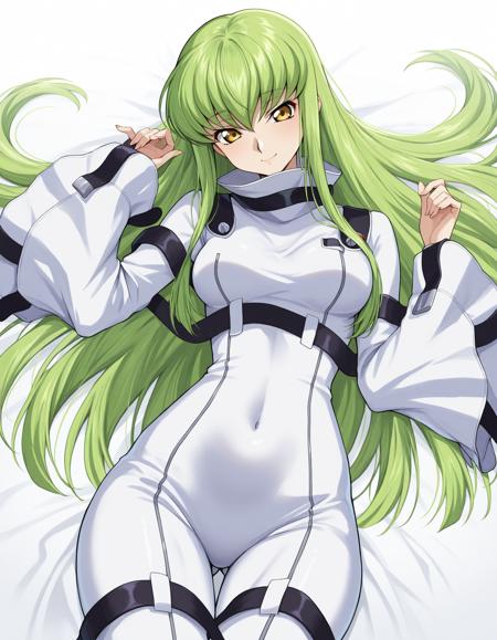 c.c., green hair, yellow eyes, long hair, , white bodysuit, straitjacket,