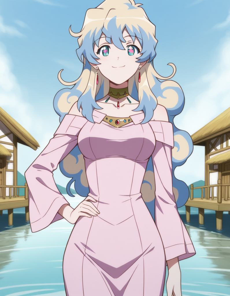 nia teppelin, long hair, multicolored hair, two-tone hair, symbol-shaped pupils, cross-shaped pupils, blue eyes, mature female, medium breasts, anime screencap,