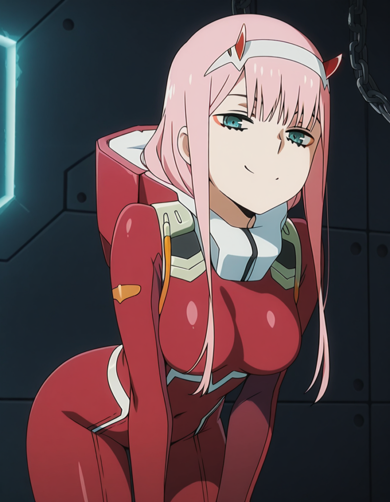 zero two, zero two (darling in the franxx), green eyes, hairband, horns, long hair, pink hair, red horns, white hairband, mature female, medium breasts, anime screencap,
