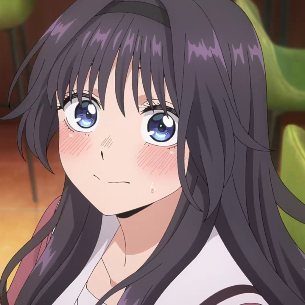 kaoruko_waguri, long black hair, straight bangs, big blue eyes, delicate face, japanese schoolgirl, pink sailor uniform with white collar and black ribbon, long pleated skirt, black tights, brown loafers, anime screencap, ojos más cautivadores del anime