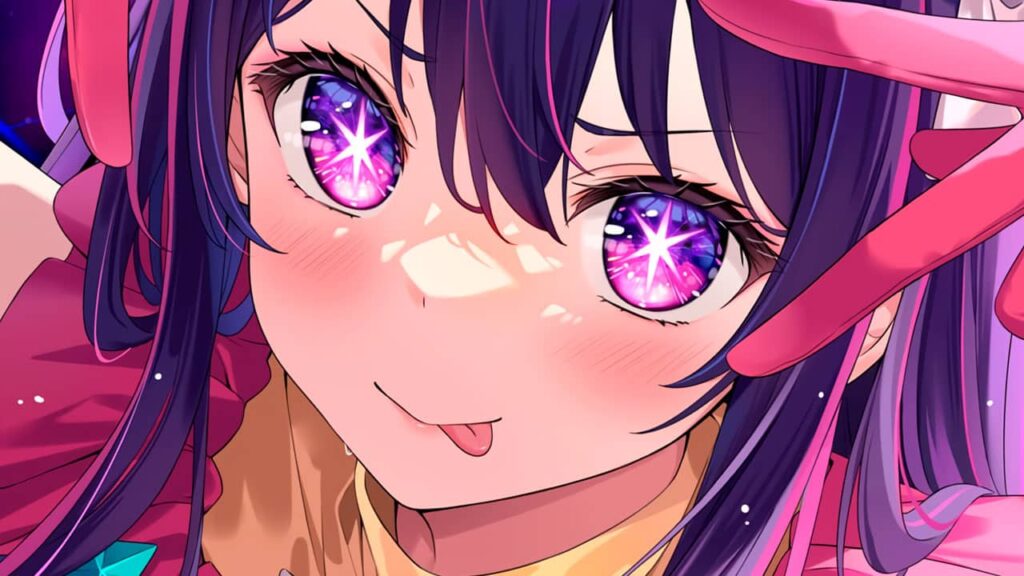ai hoshino, long hair, bangs, purple eyes, purple hair, symbol-shaped pupils, ojos más cautivadores del anime